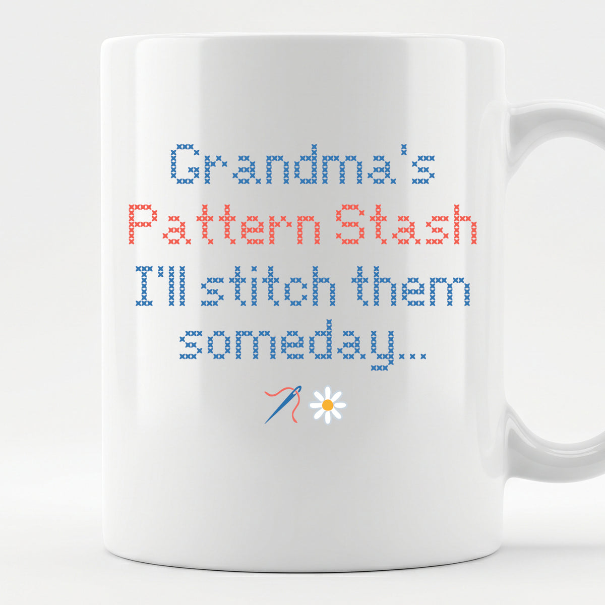 "[Name] Pattern Stash - I'll stitch them someday" Personalized Faux Cross Stitch Coffee Cup | Custom Name