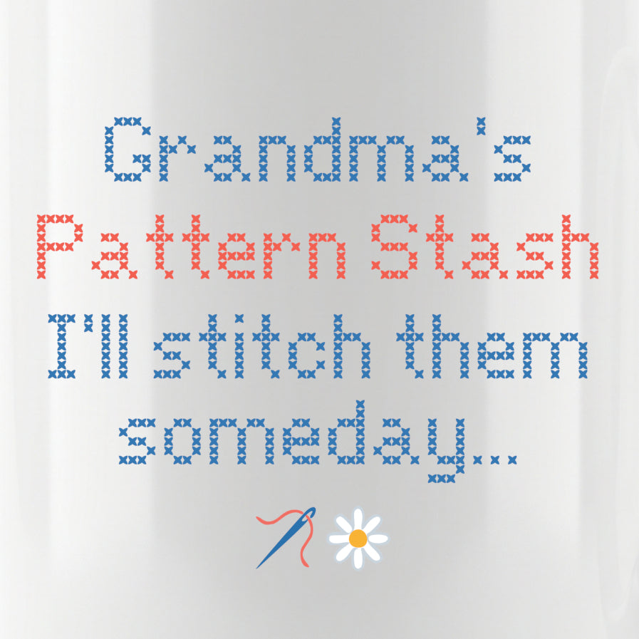"[Name] Pattern Stash - I'll stitch them someday" Personalized Faux Cross Stitch Coffee Cup | Custom Name
