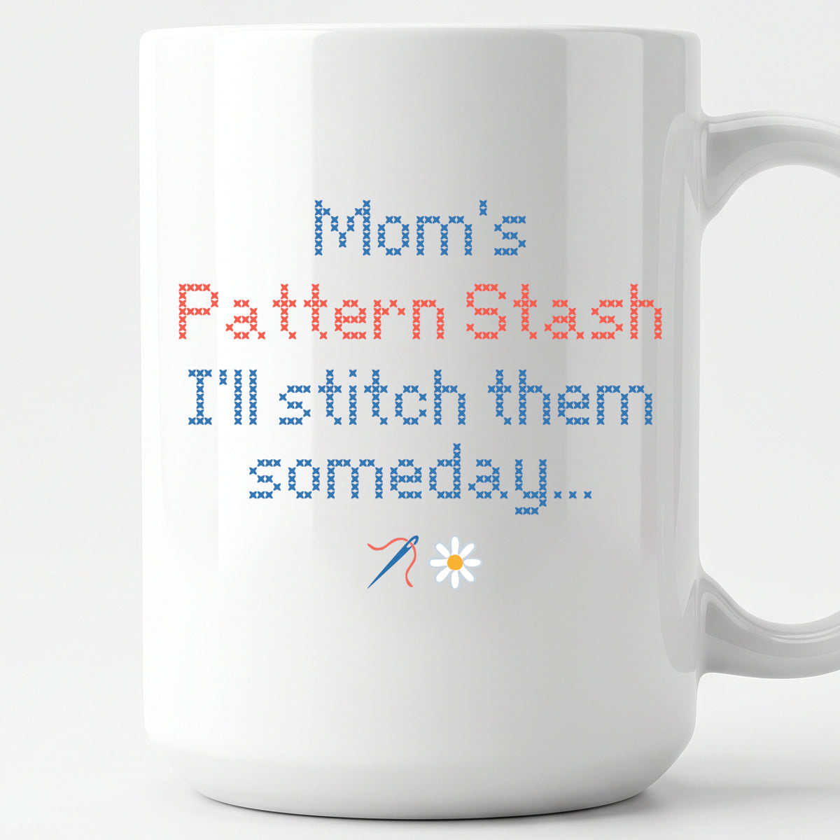 "[Name] Pattern Stash - I'll stitch them someday" Personalized Faux Cross Stitch Coffee Cup | Custom Name