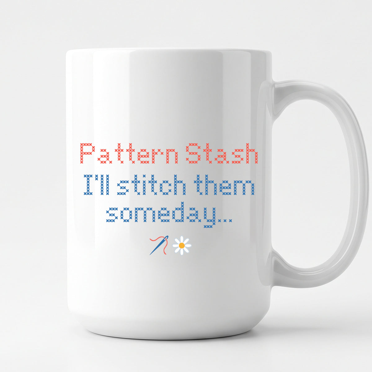 "[Name] Pattern Stash - I'll stitch them someday" Personalized Faux Cross Stitch Coffee Cup | Custom Name