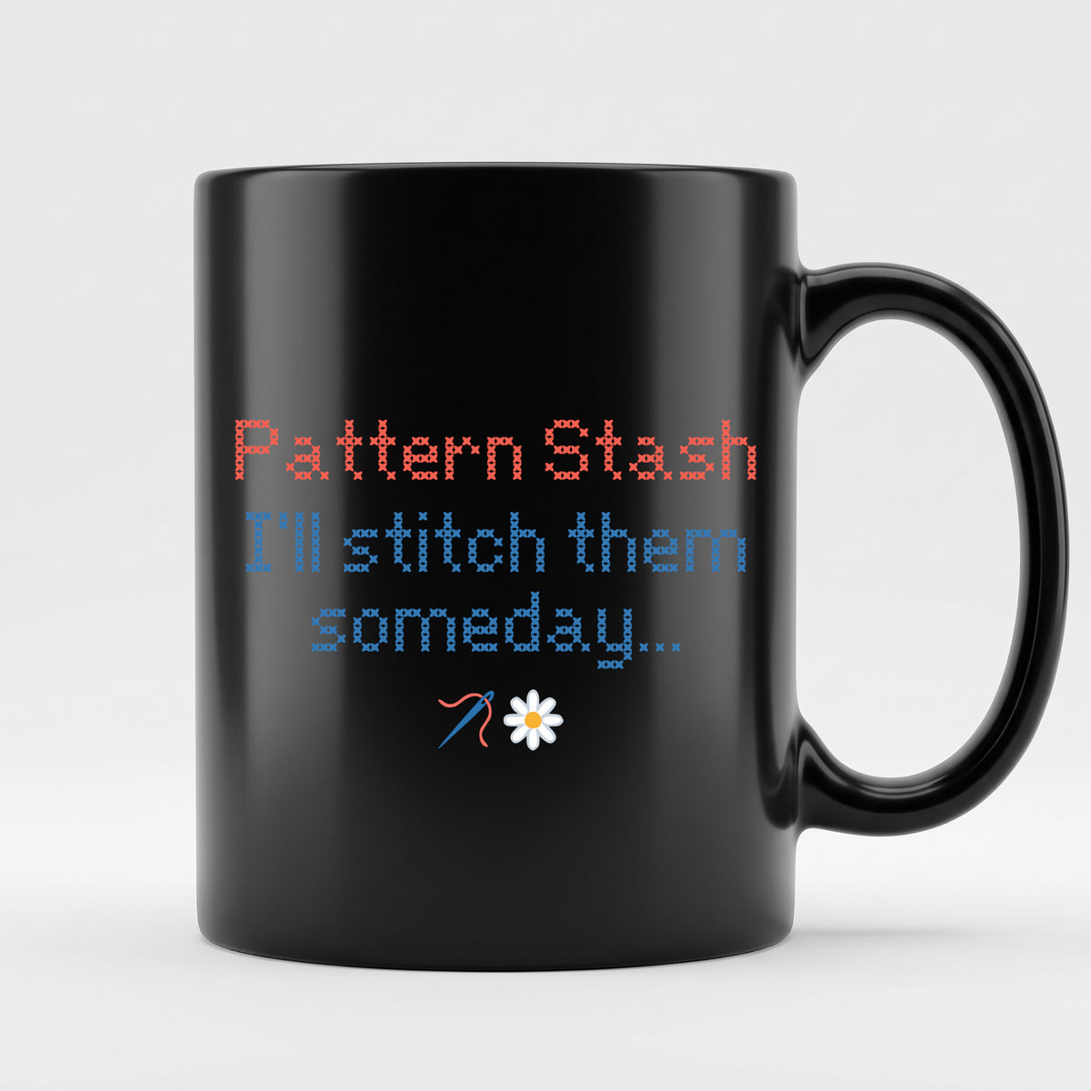 "[Name] Pattern Stash - I'll stitch them someday" Personalized Faux Cross Stitch Coffee Cup | Custom Name