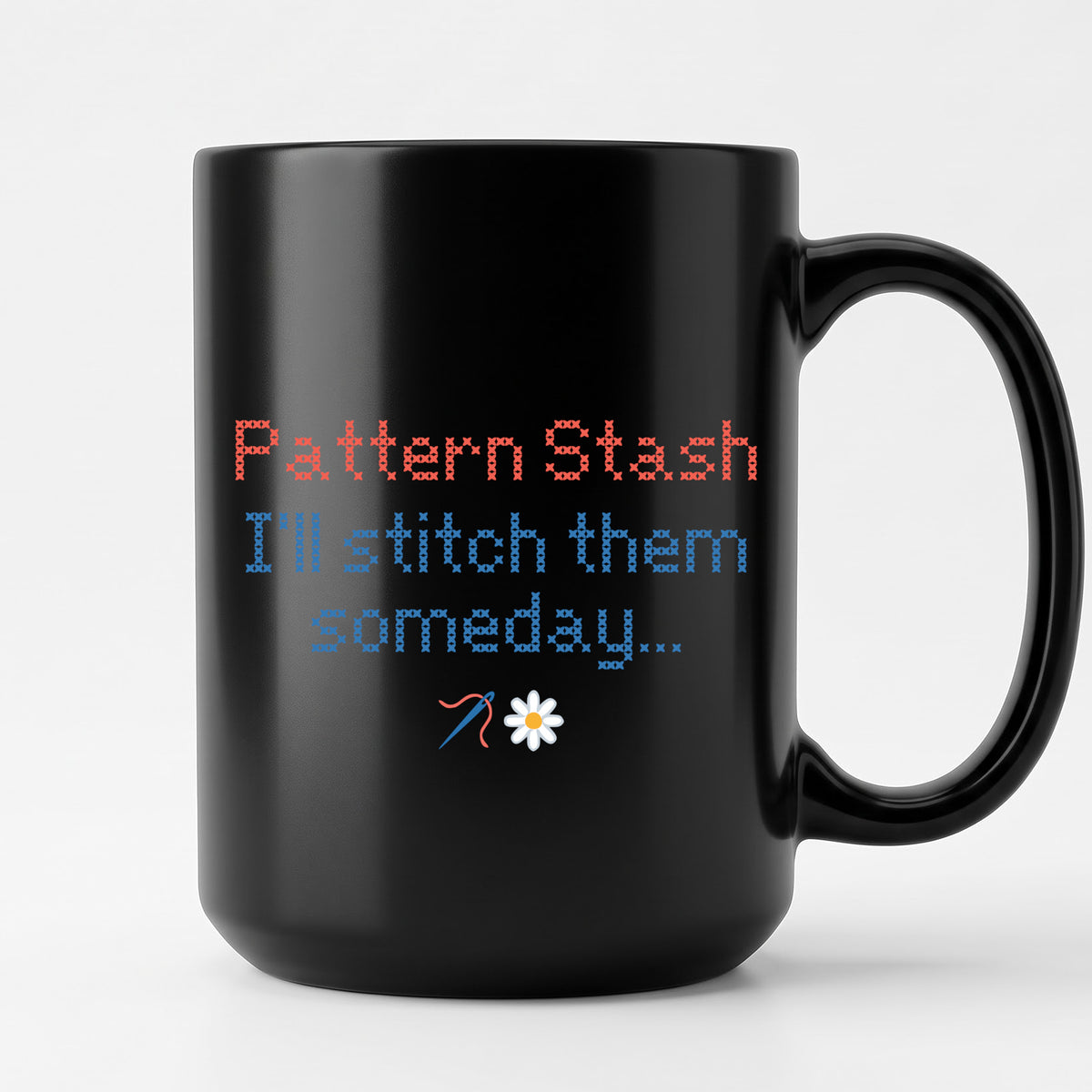 "[Name] Pattern Stash - I'll stitch them someday" Personalized Faux Cross Stitch Coffee Cup | Custom Name
