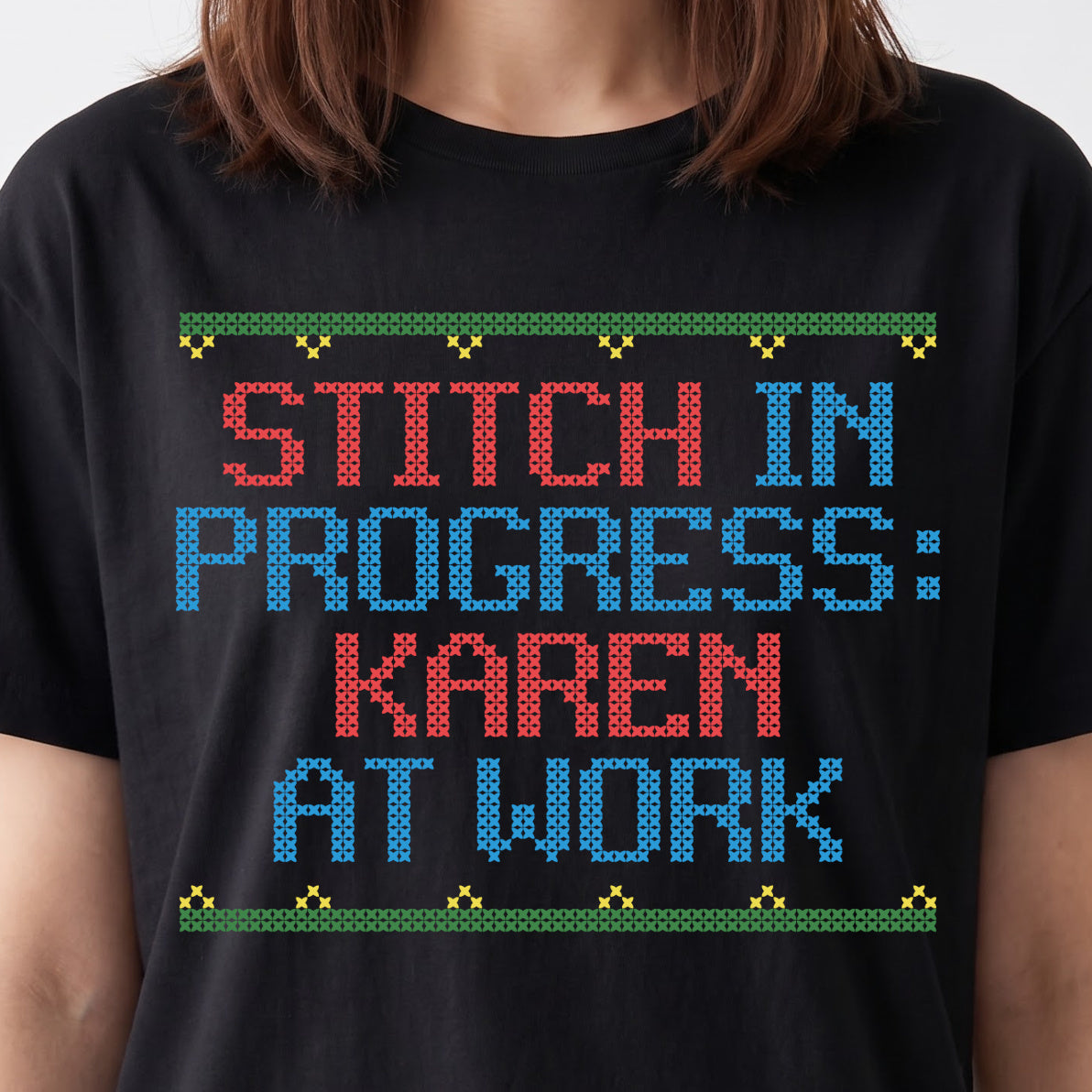 "Stitch in Progress: [Name] at Work" – Personalized Faux Cross Stitch T-Shirt | Custom Name