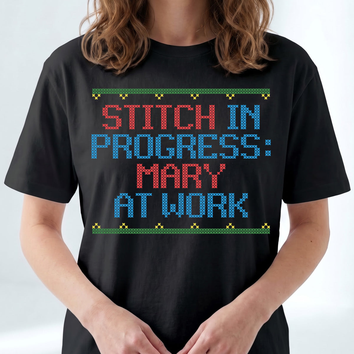 "Stitch in Progress: [Name] at Work" – Personalized Faux Cross Stitch T-Shirt | Custom Name