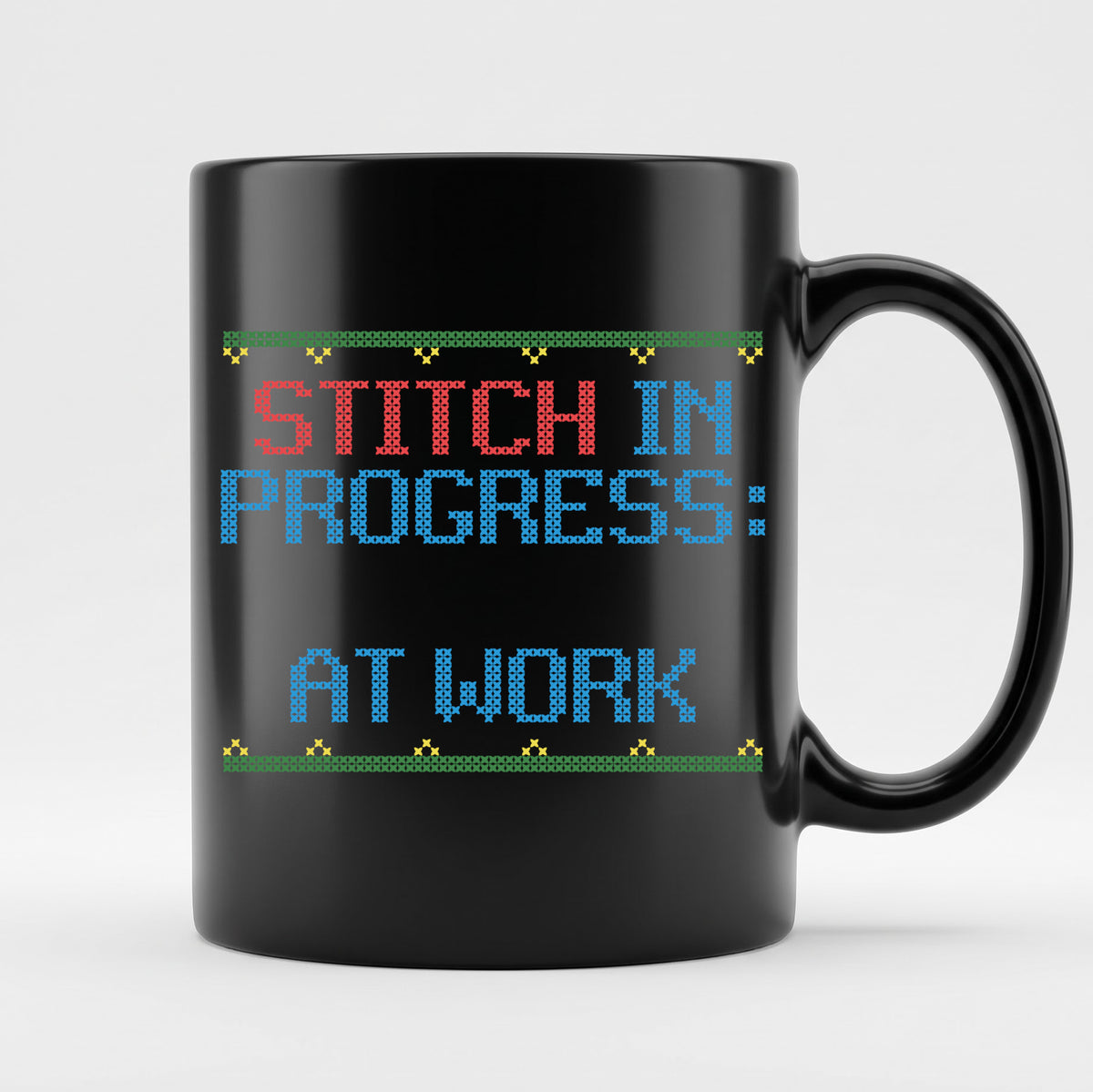 "Stitch in Progress: [Name] at Work" – Personalized Faux Cross Stitch Mug | Custom Name