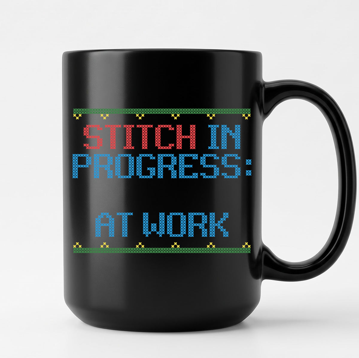 "Stitch in Progress: [Name] at Work" – Personalized Faux Cross Stitch Mug | Custom Name
