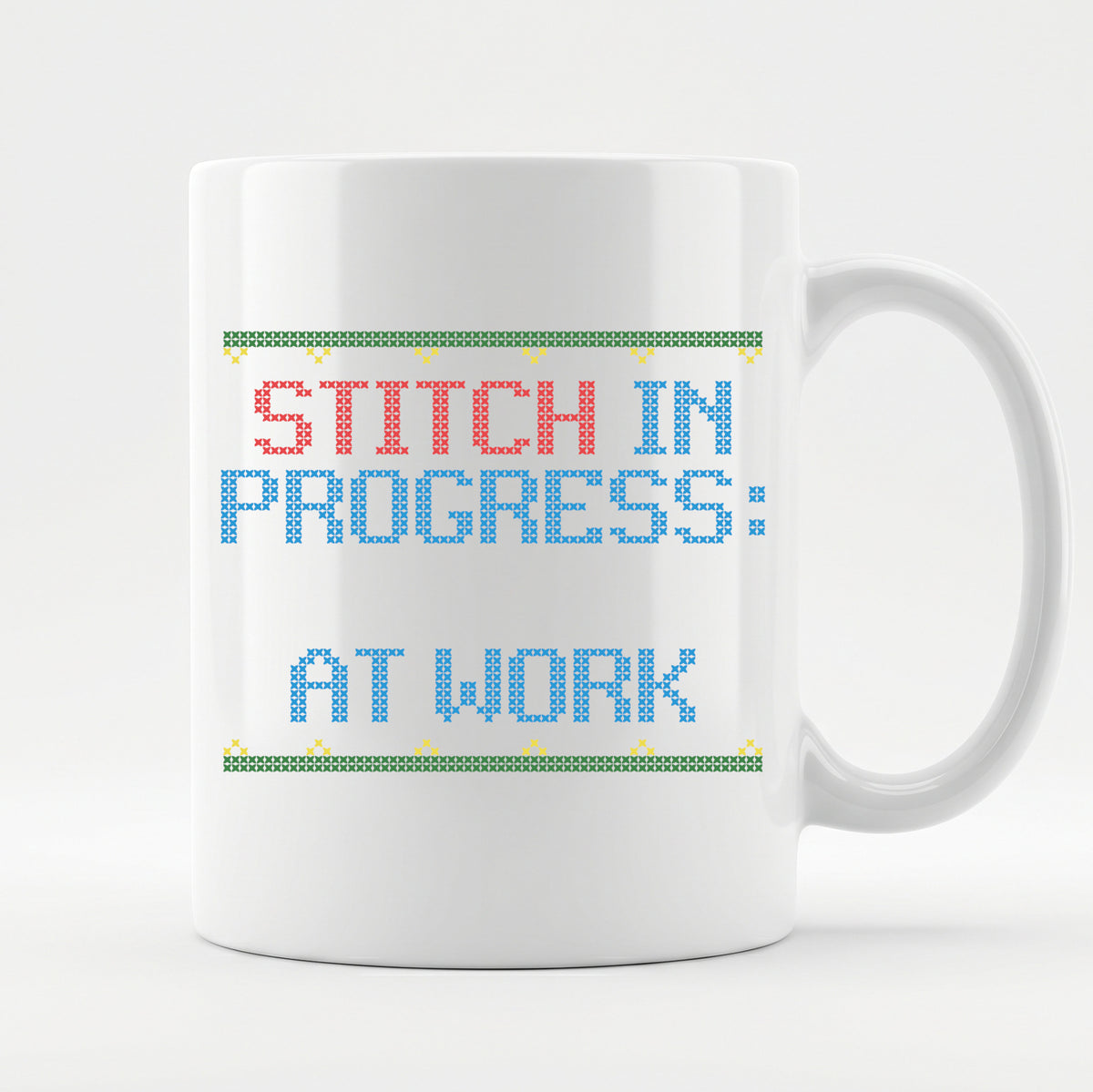 "Stitch in Progress: [Name] at Work" – Personalized Faux Cross Stitch Mug | Custom Name