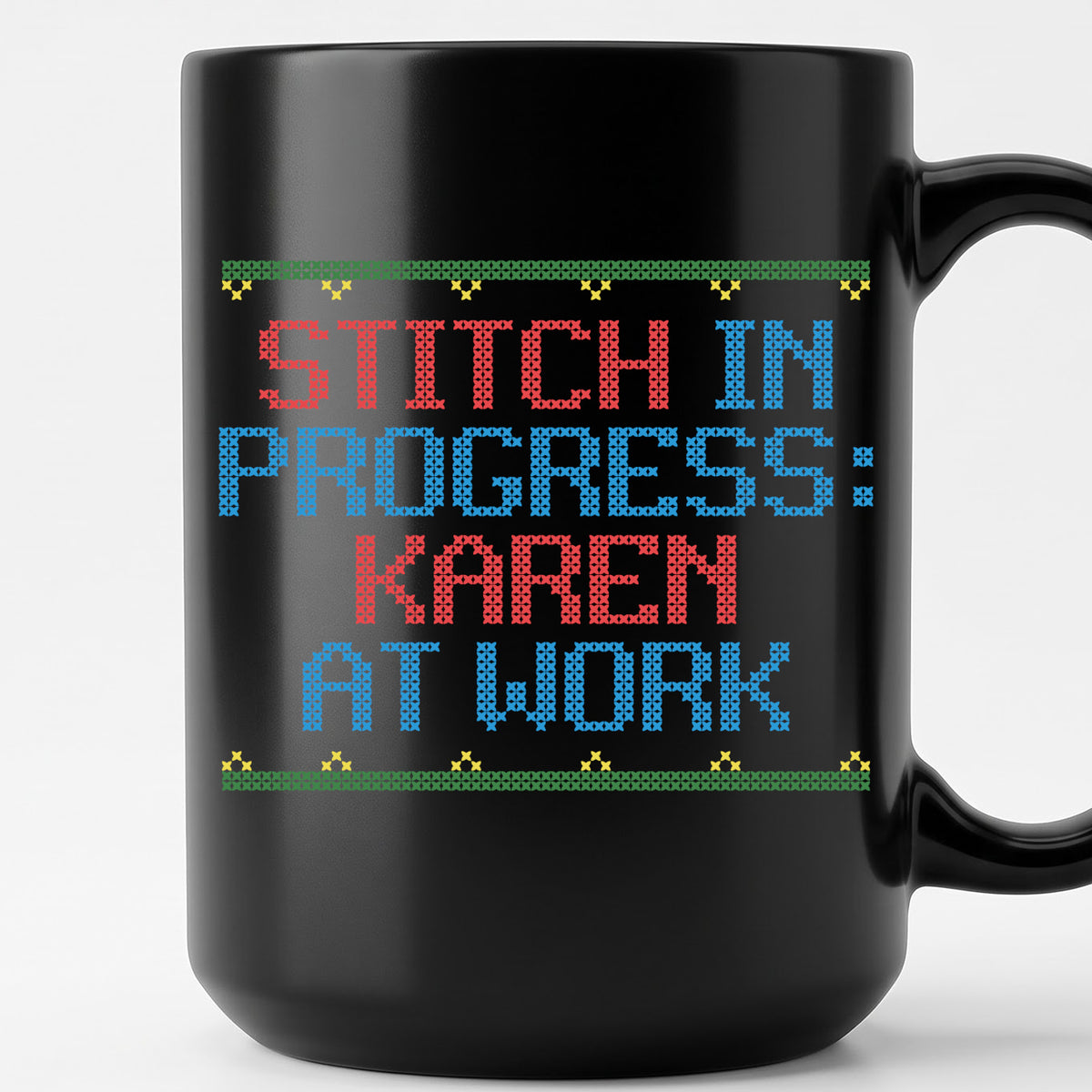"Stitch in Progress: [Name] at Work" – Personalized Faux Cross Stitch Mug | Custom Name