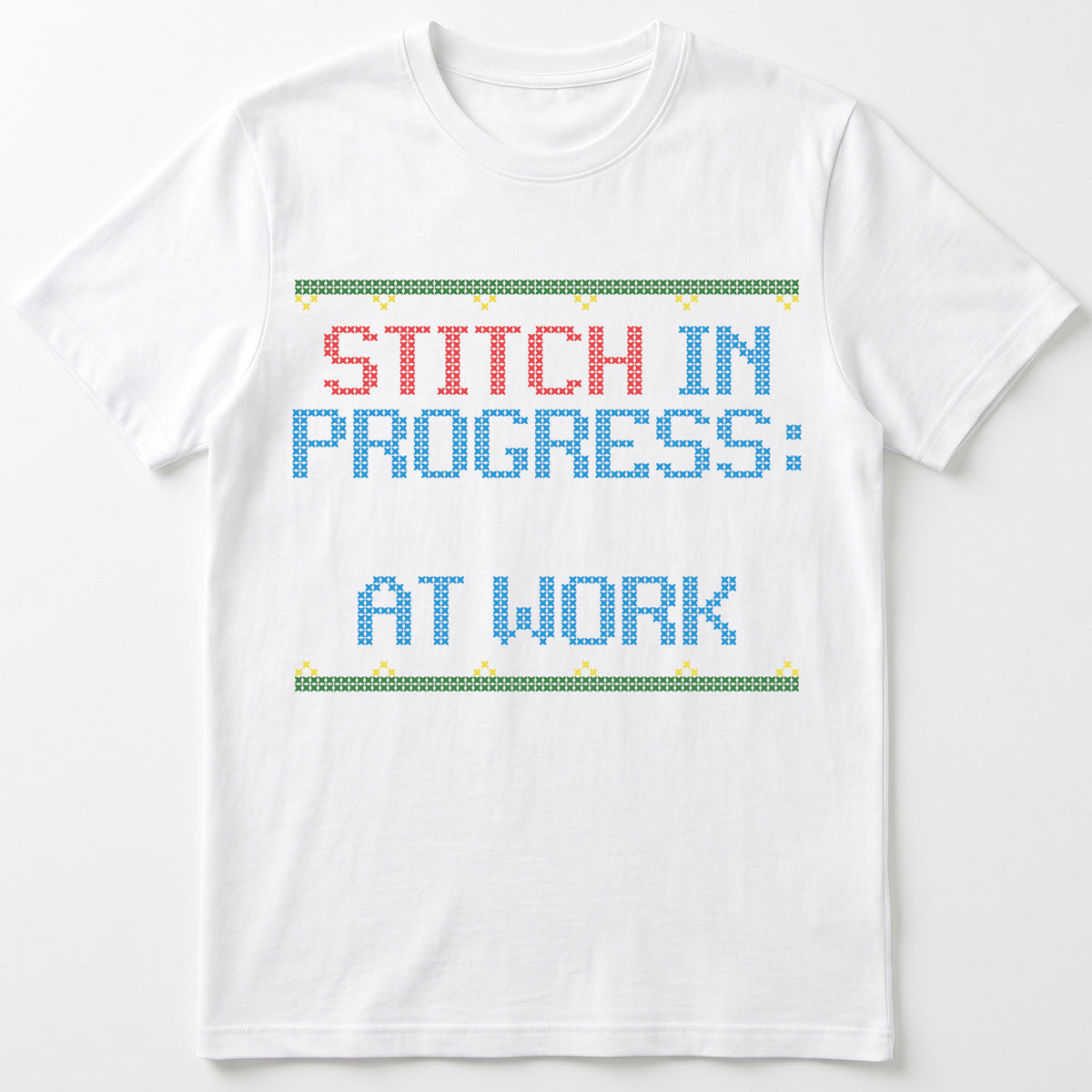 "Stitch in Progress: [Name] at Work" – Personalized Faux Cross Stitch T-Shirt | Custom Name