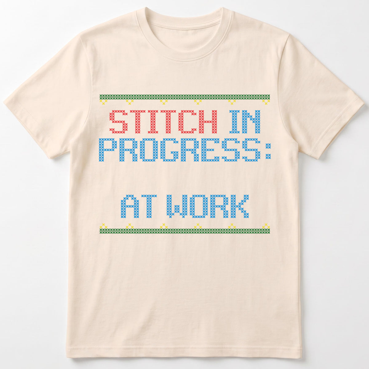"Stitch in Progress: [Name] at Work" – Personalized Faux Cross Stitch T-Shirt | Custom Name