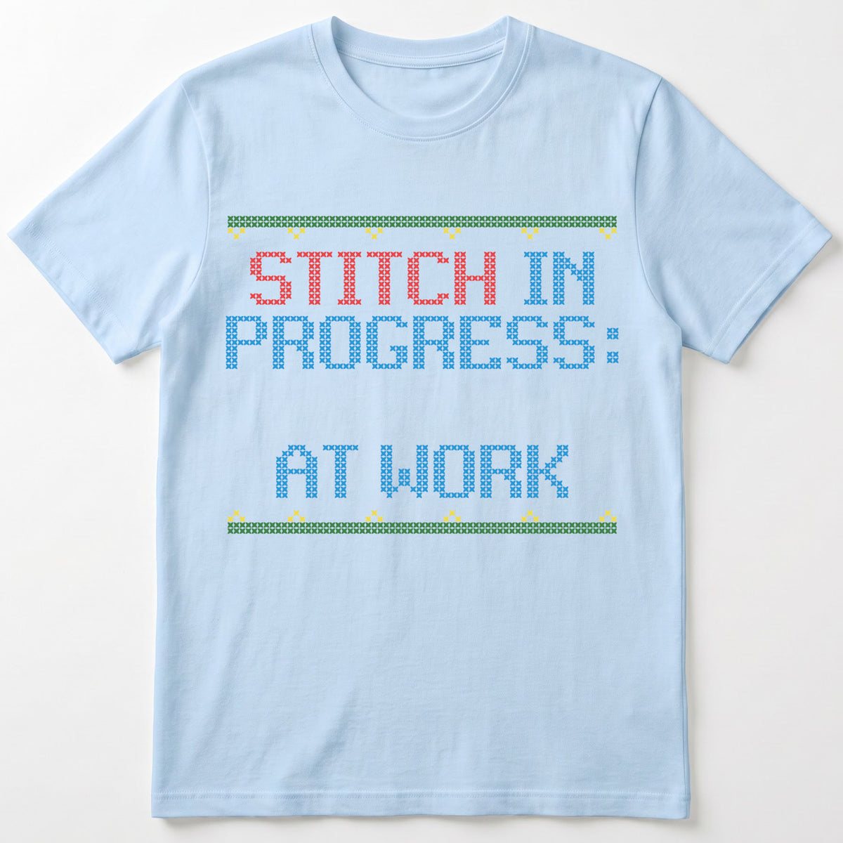 "Stitch in Progress: [Name] at Work" – Personalized Faux Cross Stitch T-Shirt | Custom Name