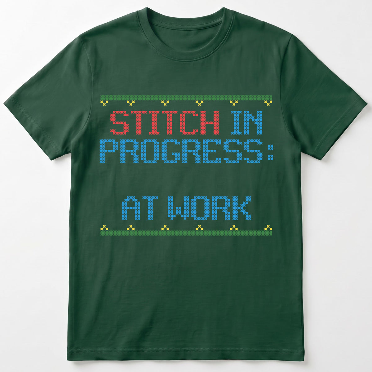 "Stitch in Progress: [Name] at Work" – Personalized Faux Cross Stitch T-Shirt | Custom Name