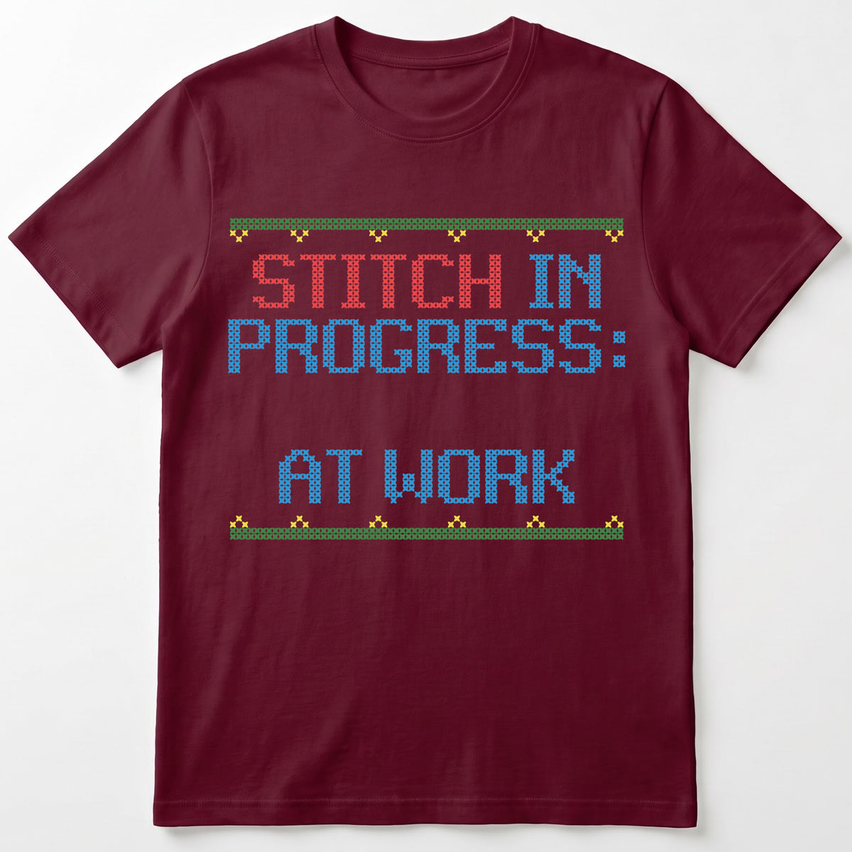 "Stitch in Progress: [Name] at Work" – Personalized Faux Cross Stitch T-Shirt | Custom Name