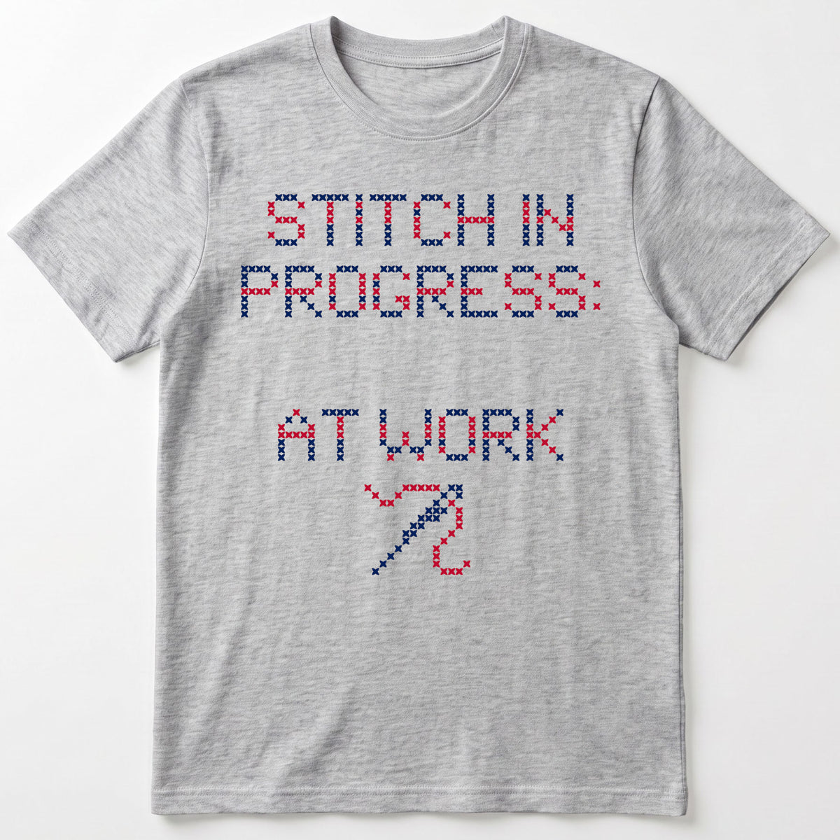"Stitch in progress: [Name] at work" - Custom Faux Cross Stitch Tee | Personalized Name