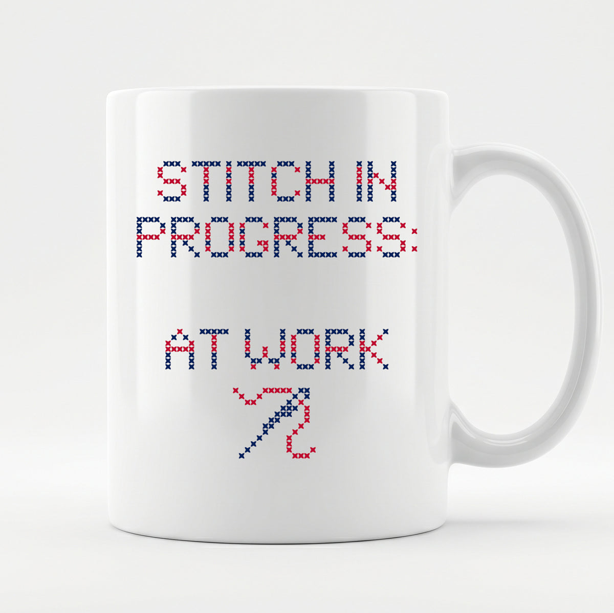 "Stitch in progress: [Name] at work" - Custom Faux Cross Stitch Coffee Cup | Personalized Name