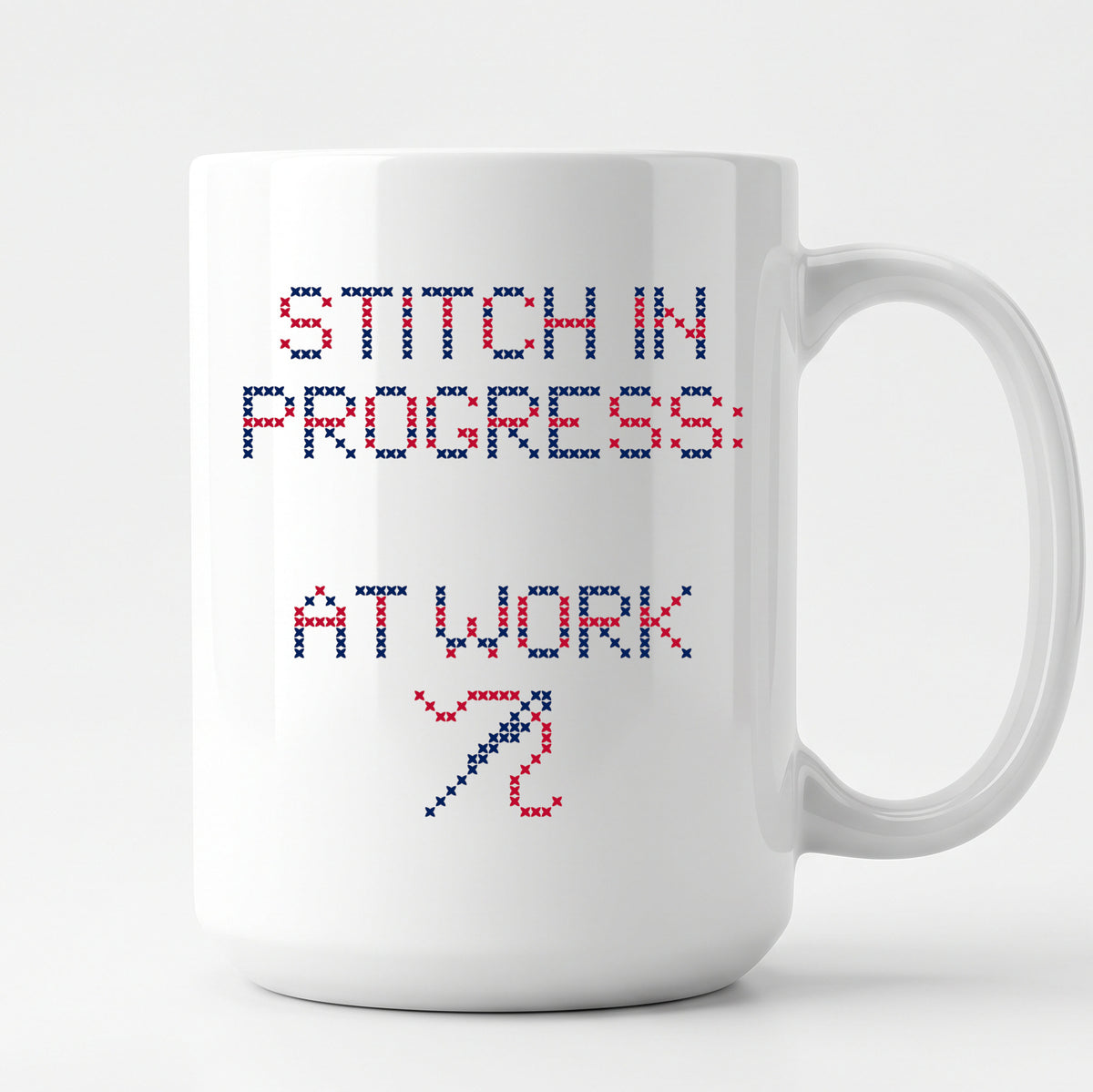 "Stitch in progress: [Name] at work" - Custom Faux Cross Stitch Coffee Cup | Personalized Name