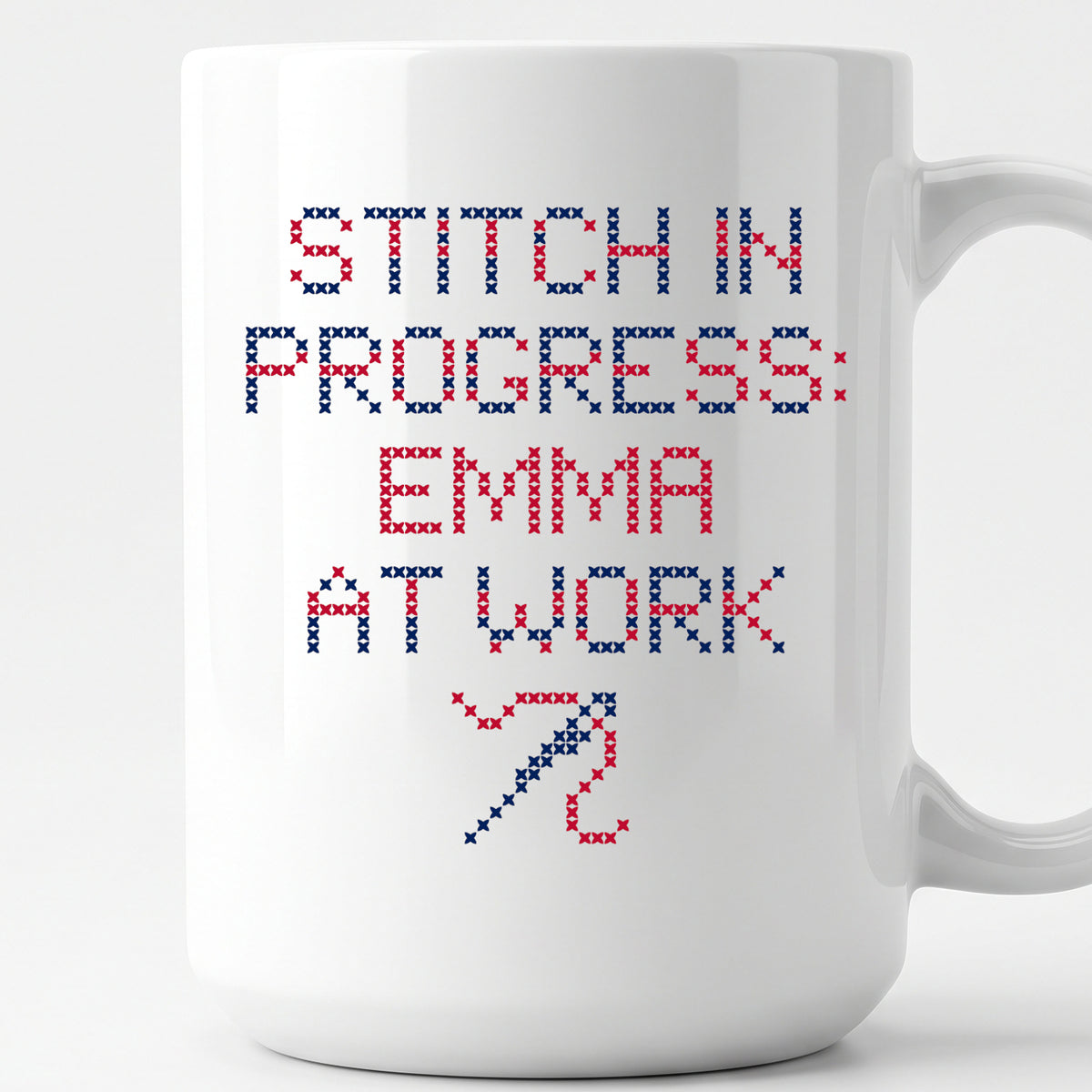 "Stitch in progress: [Name] at work" - Custom Faux Cross Stitch Coffee Cup | Personalized Name