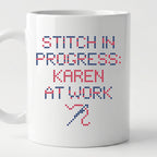 "Stitch in progress: [Name] at work" - Custom Faux Cross Stitch Coffee Cup | Personalized Name