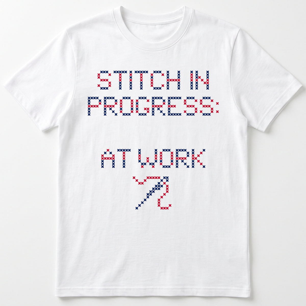 "Stitch in progress: [Name] at work" - Custom Faux Cross Stitch Tee | Personalized Name