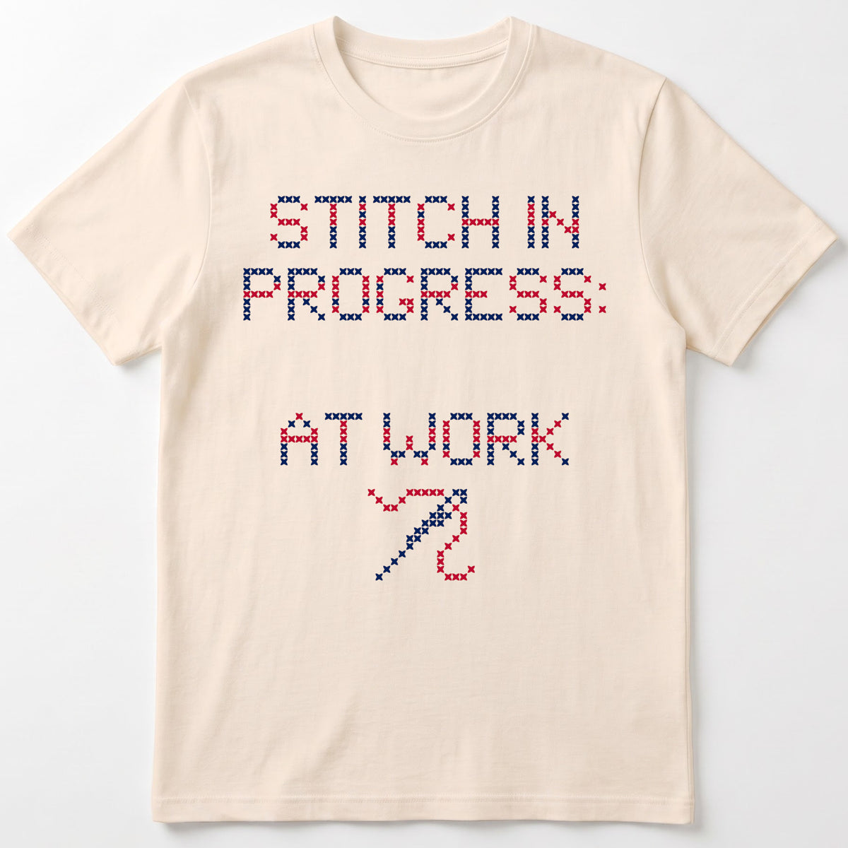 "Stitch in progress: [Name] at work" - Custom Faux Cross Stitch Tee | Personalized Name