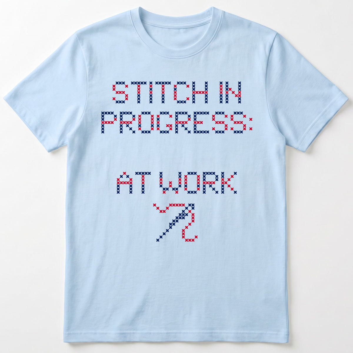 "Stitch in progress: [Name] at work" - Custom Faux Cross Stitch Tee | Personalized Name