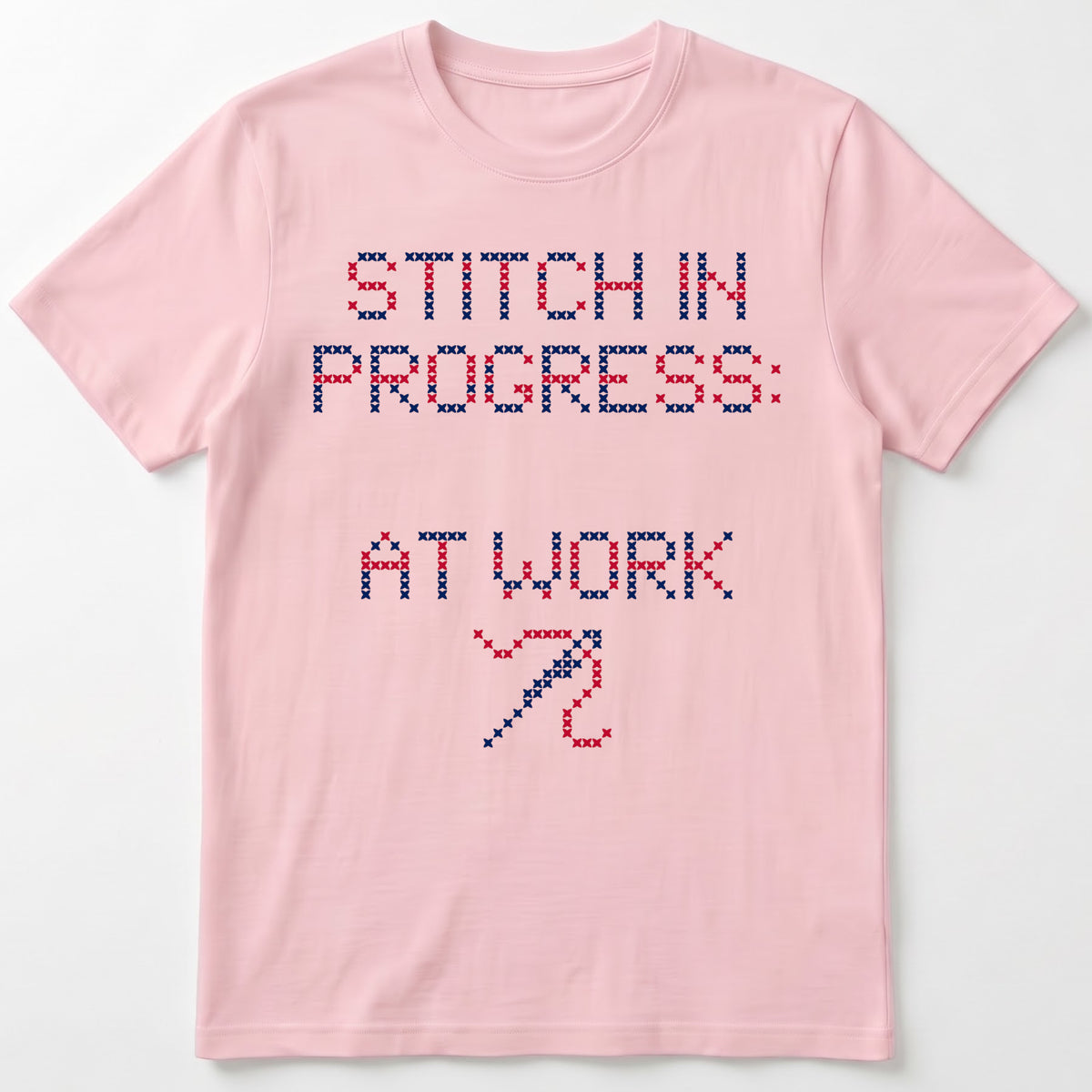 "Stitch in progress: [Name] at work" - Custom Faux Cross Stitch Tee | Personalized Name