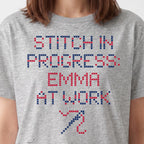"Stitch in progress: [Name] at work" - Custom Faux Cross Stitch Tee | Personalized Name