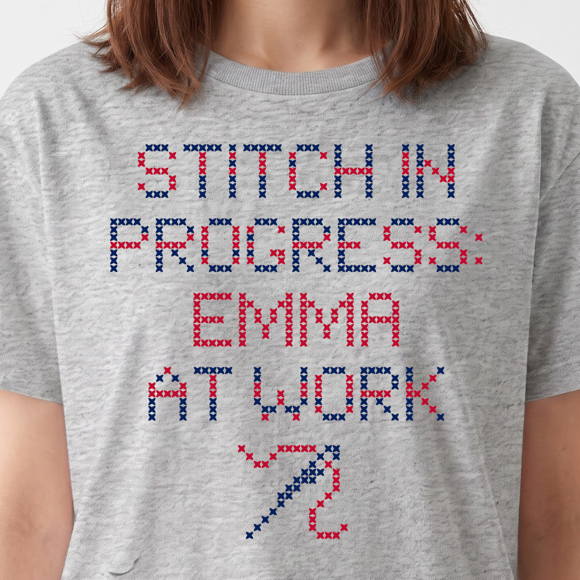 "Stitch in progress: [Name] at work" - Custom Faux Cross Stitch Tee | Personalized Name