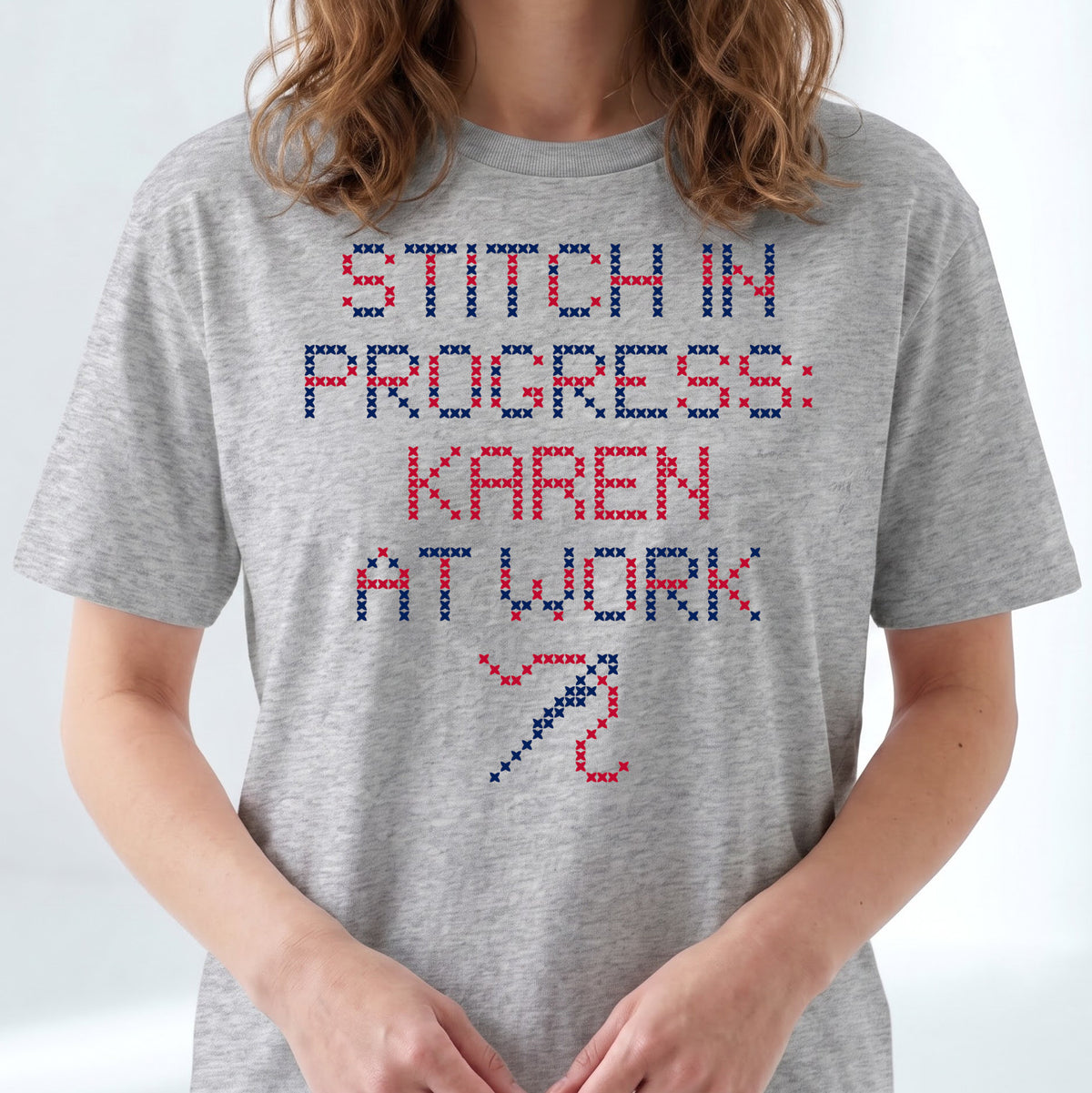 "Stitch in progress: [Name] at work" - Custom Faux Cross Stitch Tee | Personalized Name