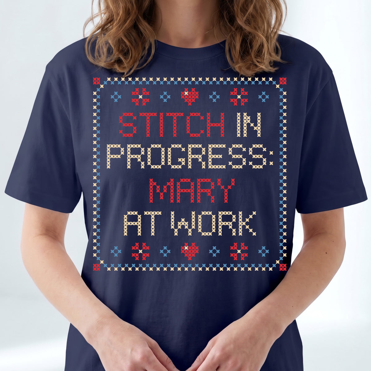 "Stitch in progress: [Name] at work" - Faux Cross Stitch Tee | Custom Name T-Shirt