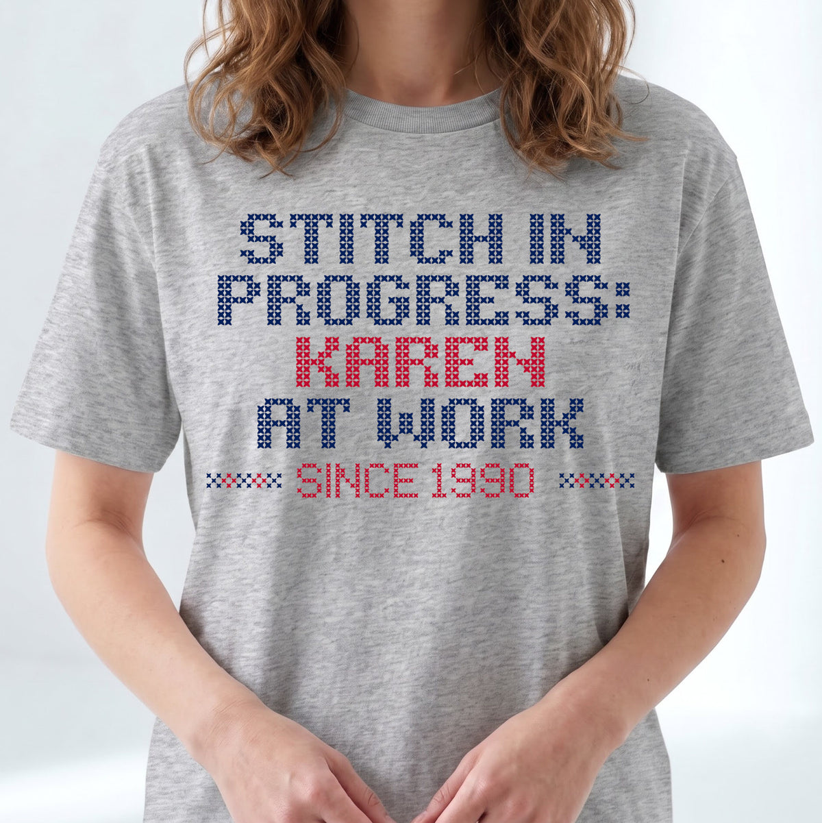 "Stitch in progress: [Name] at work. Since [Year]" - Faux Cross Stitch T-Shirt | Personalized Gift