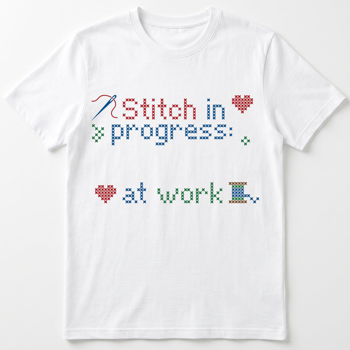 "Stitch in progress: [Name] at work" - Faux Cross Stitch T-Shirt | Custom Name