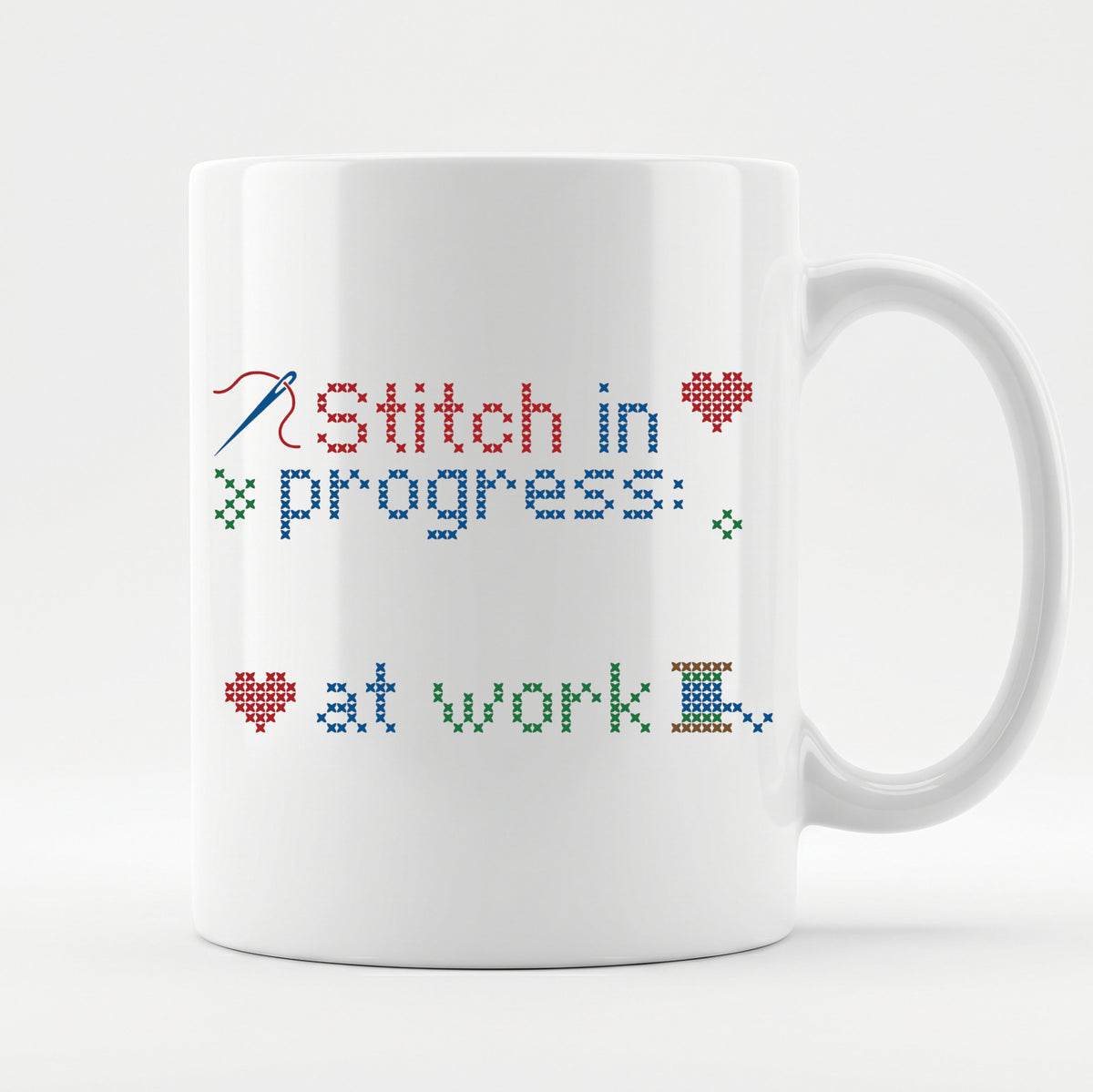 "Stitch in progress: [Name] at work" - Faux Cross Stitch Mug | Custom Name