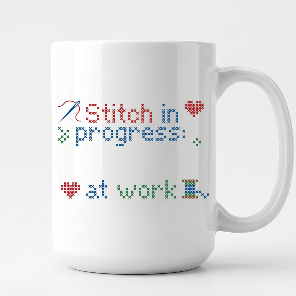 "Stitch in progress: [Name] at work" - Faux Cross Stitch Mug | Custom Name