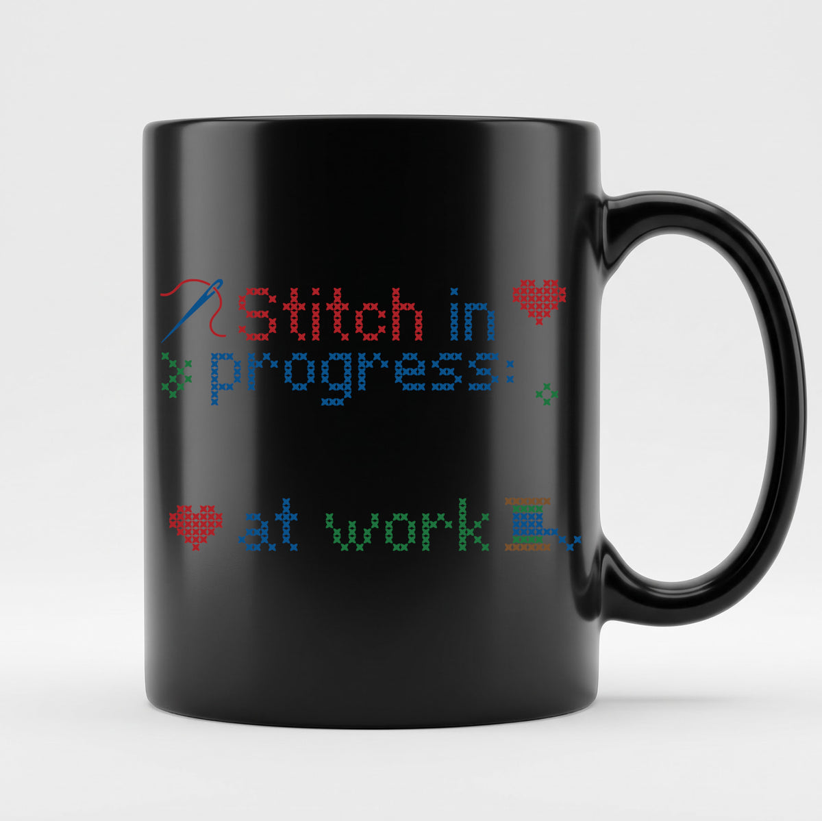 "Stitch in progress: [Name] at work" - Faux Cross Stitch Mug | Custom Name