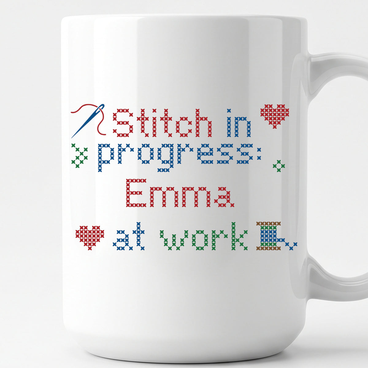 "Stitch in progress: [Name] at work" - Faux Cross Stitch Mug | Custom Name