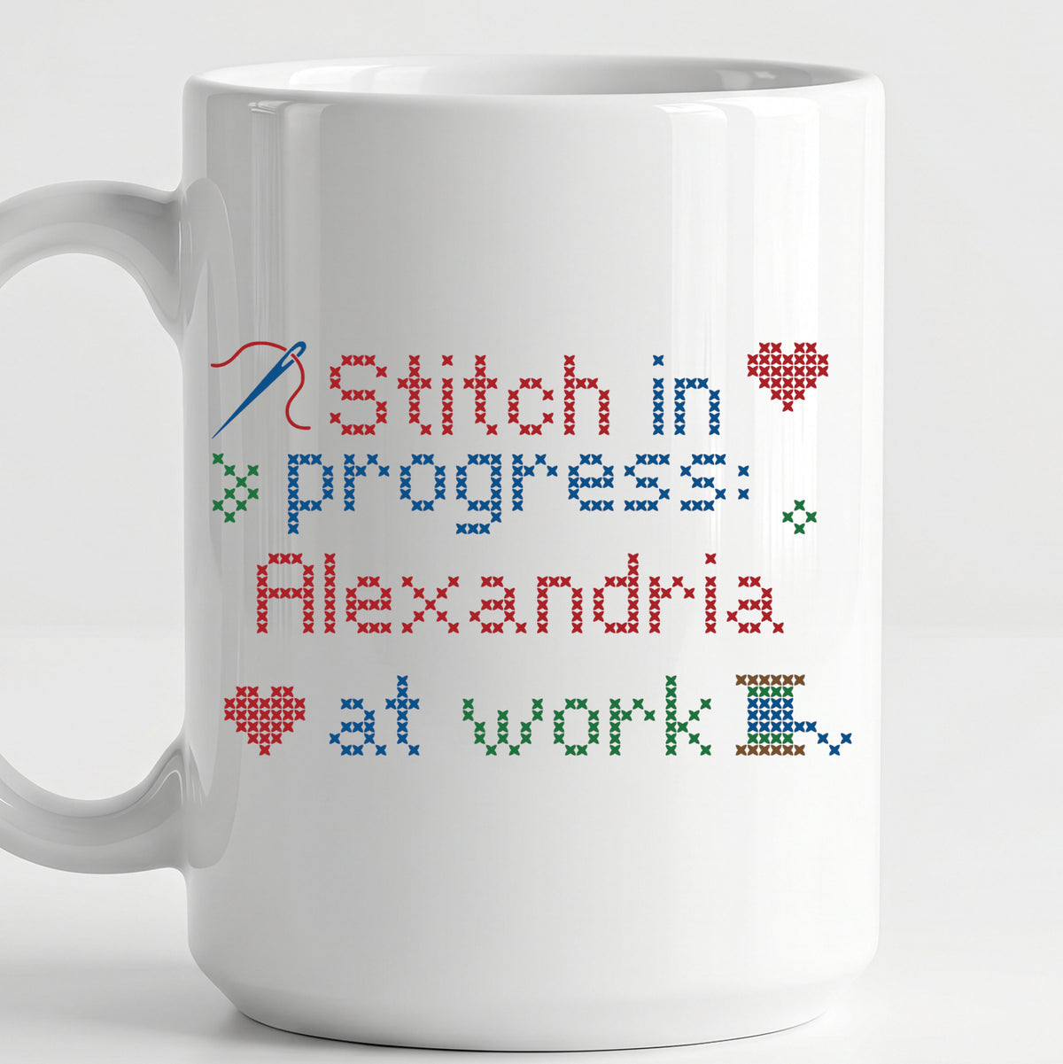"Stitch in progress: [Name] at work" - Faux Cross Stitch Mug | Custom Name
