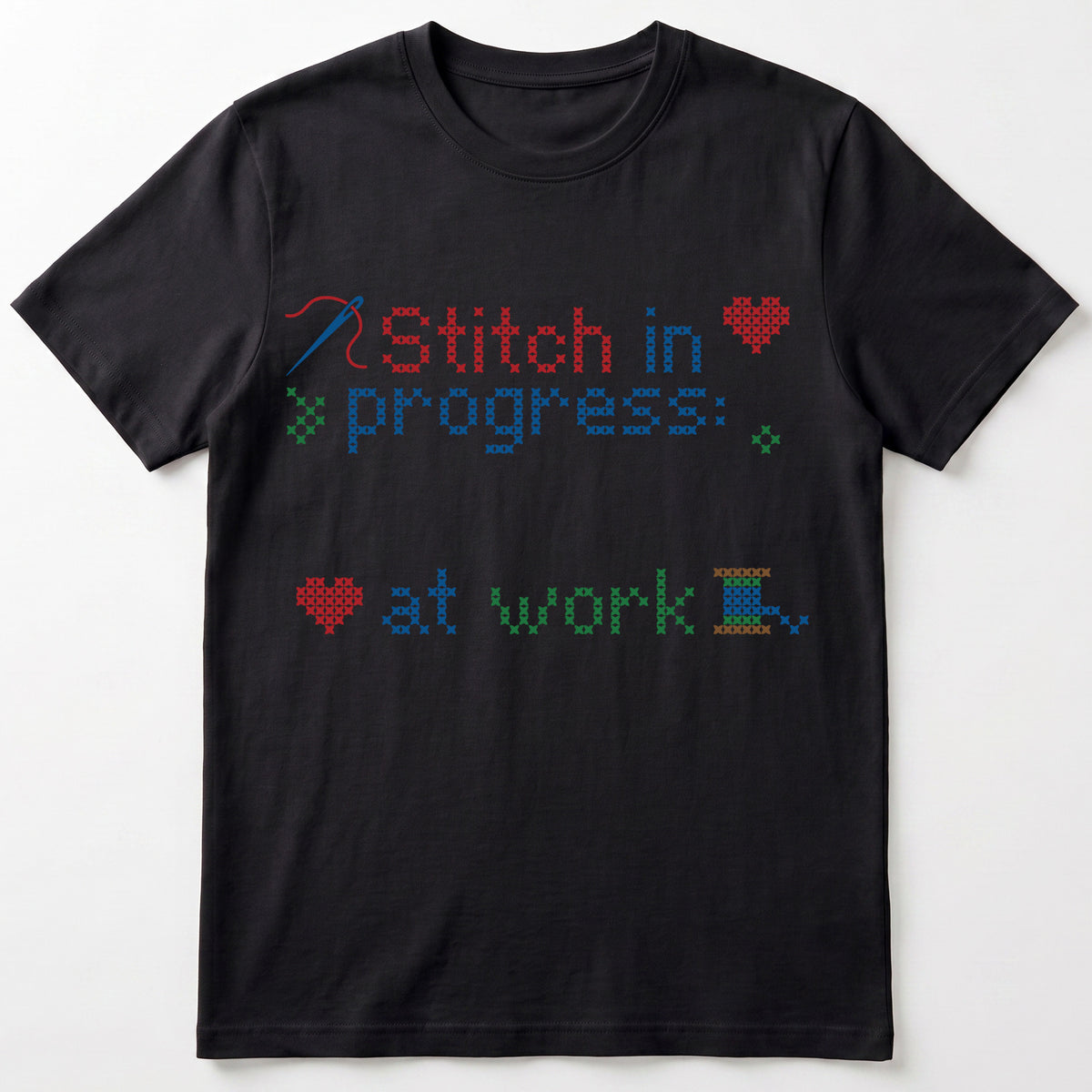 "Stitch in progress: [Name] at work" - Faux Cross Stitch T-Shirt | Custom Name