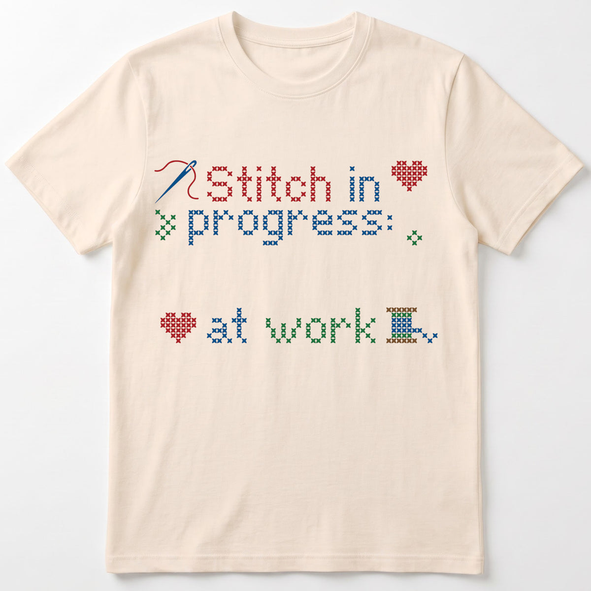 "Stitch in progress: [Name] at work" - Faux Cross Stitch T-Shirt | Custom Name