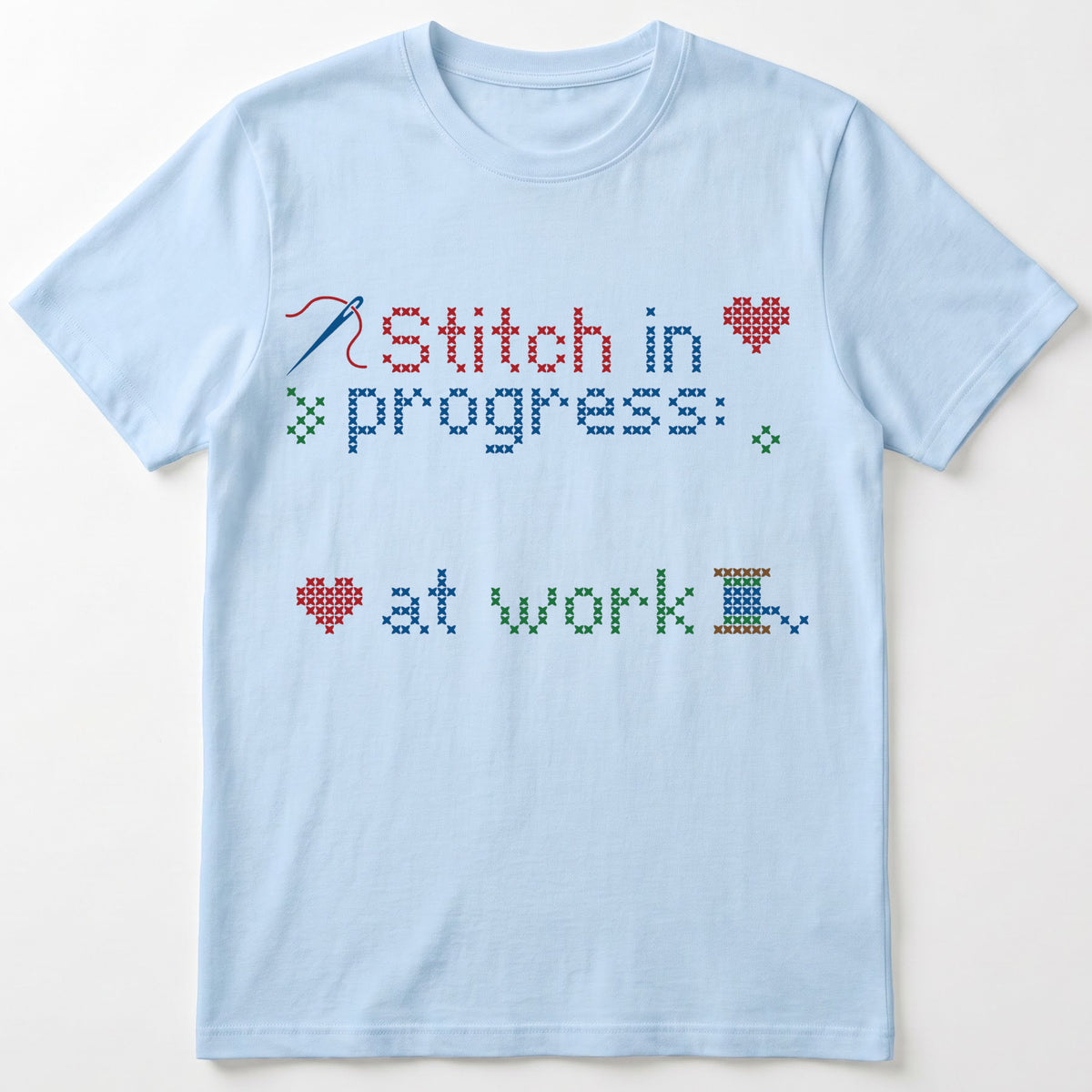 "Stitch in progress: [Name] at work" - Faux Cross Stitch T-Shirt | Custom Name