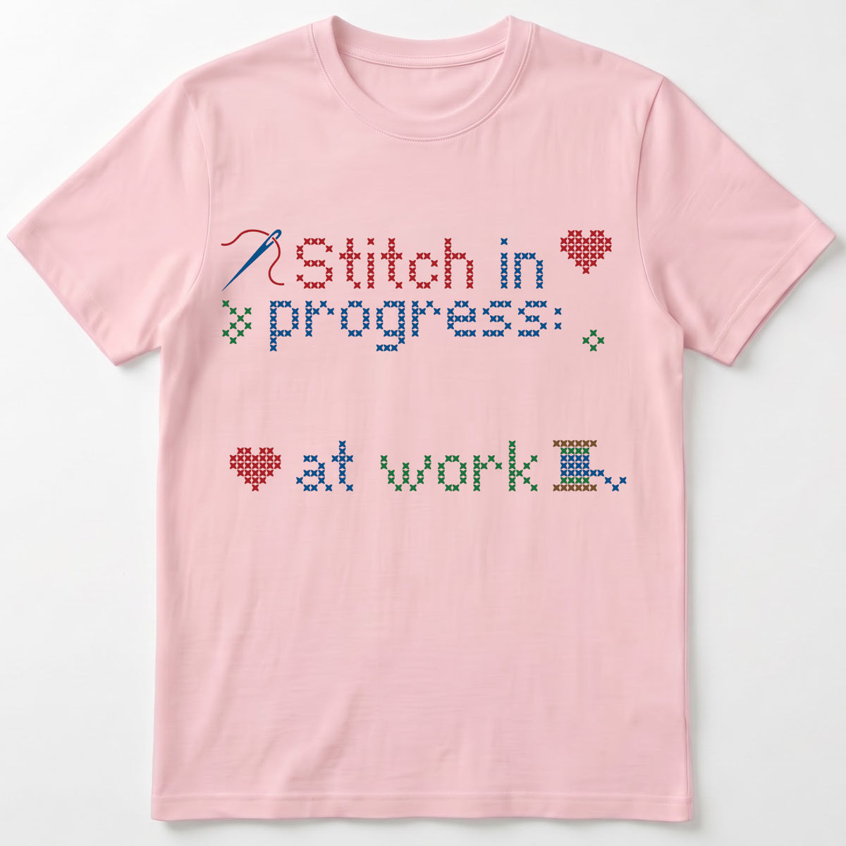 "Stitch in progress: [Name] at work" - Faux Cross Stitch T-Shirt | Custom Name