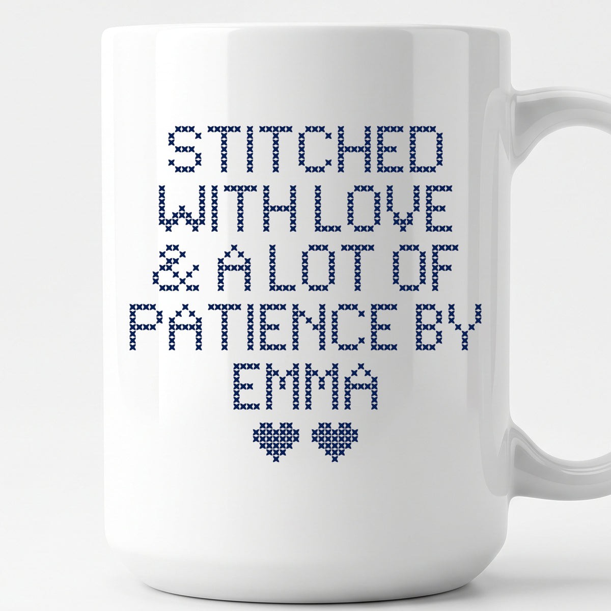 "Stitched with Love & A Lot of Patience by [Name]" Personalized Faux Cross Stitch Mug | Custom Name