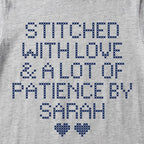 "Stitched with Love & A Lot of Patience by [Name]" Personalized Faux Cross Stitch T-Shirt | Custom Name