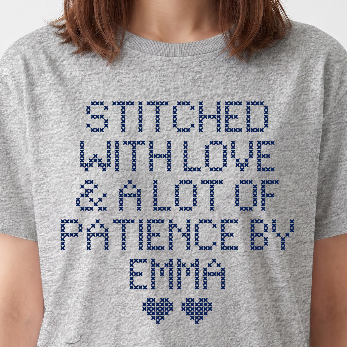 "Stitched with Love & A Lot of Patience by [Name]" Personalized Faux Cross Stitch T-Shirt | Custom Name