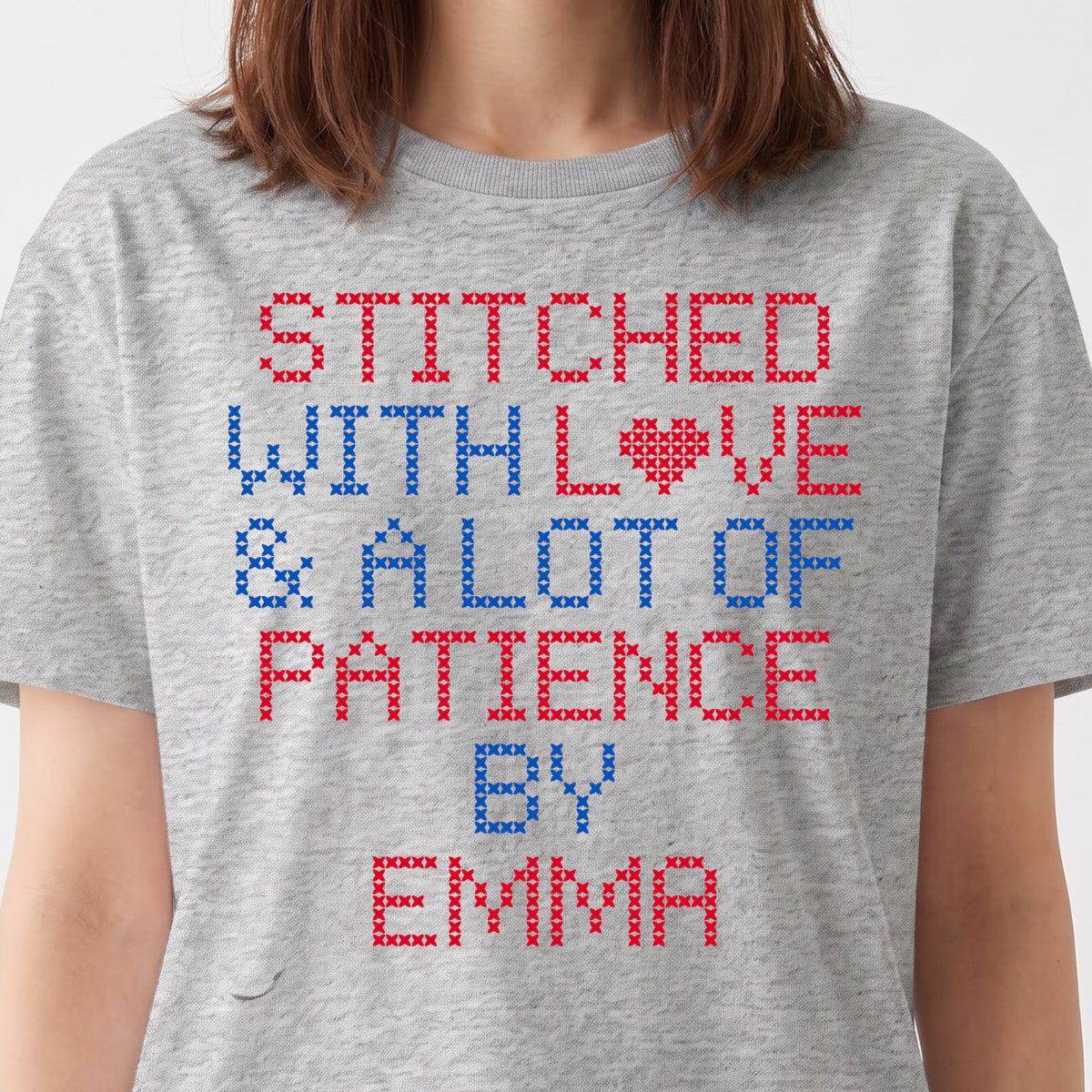 "Stitched with Love & A Lot of Patience by [Name]" Custom Faux Cross Stitch Tee | Personalized Name