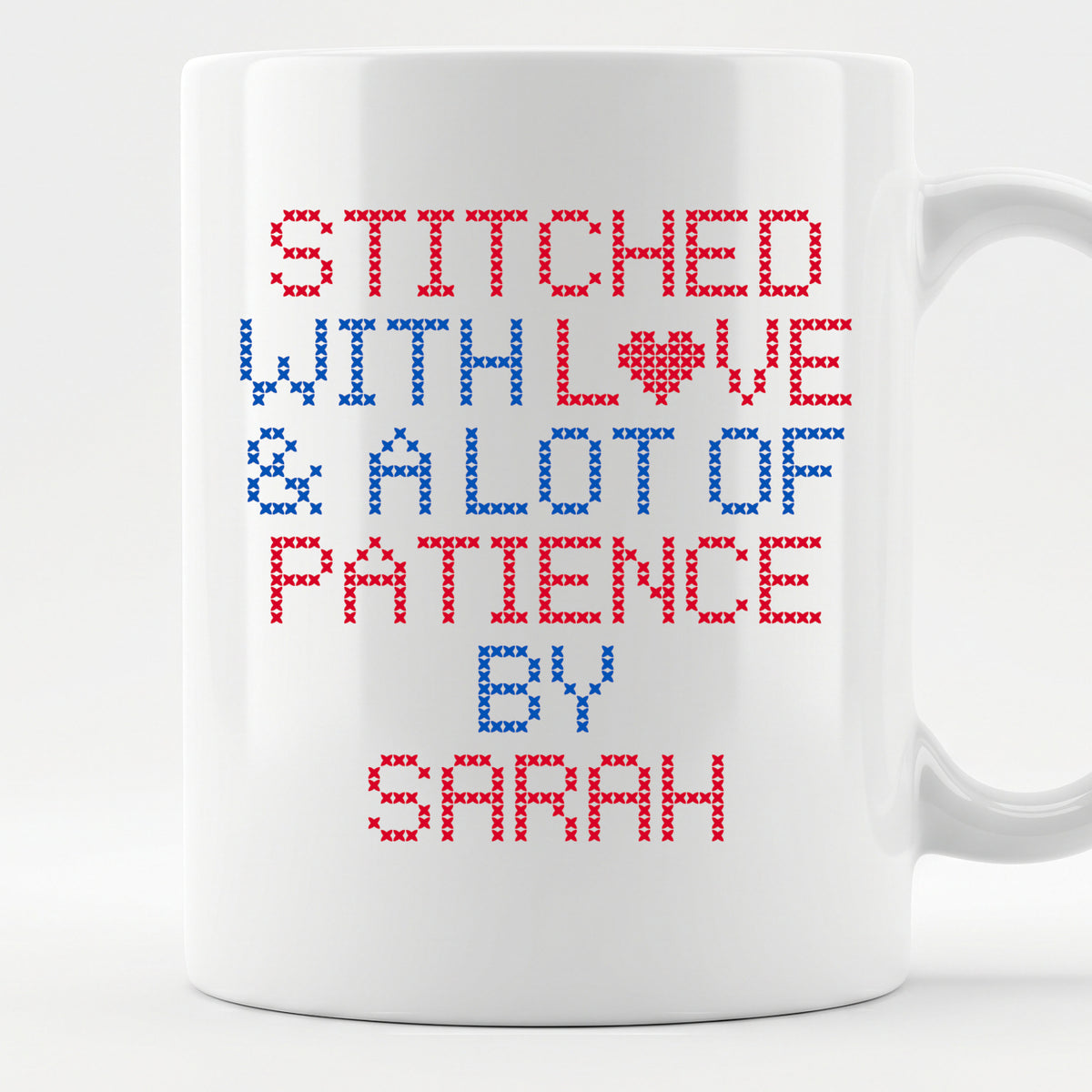 "Stitched with Love & A Lot of Patience by [Name]" Custom Faux Cross Stitch Coffee Cup | Personalized Name