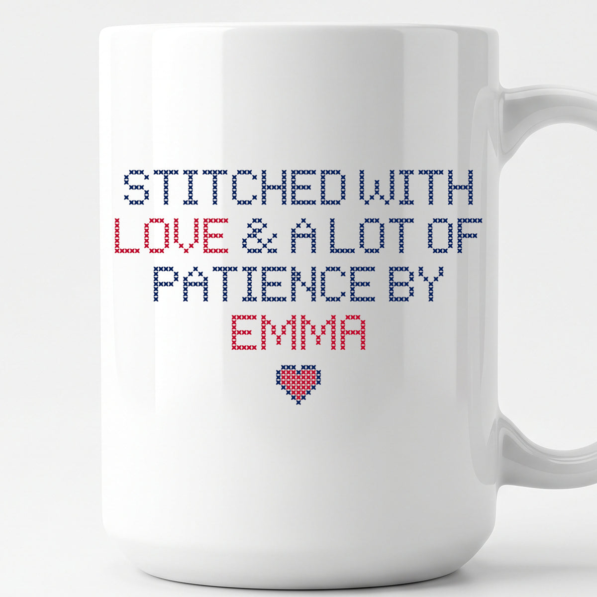 "Stitched with Love & A Lot of Patience by [Name]" Faux Cross Stitch Coffee Cup | Personalized Gift