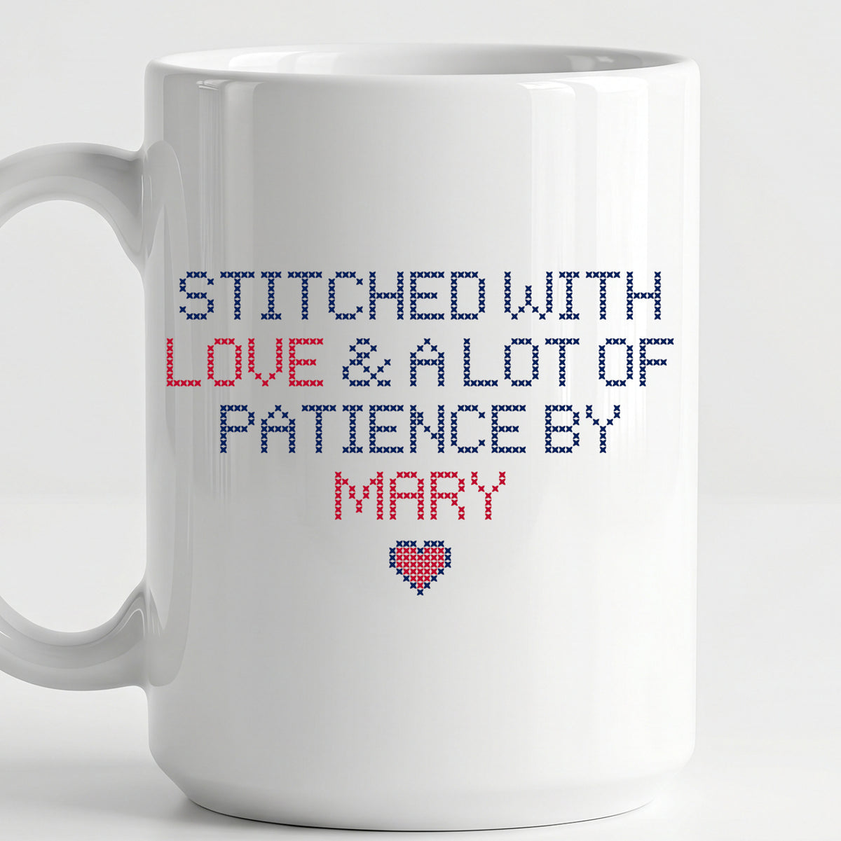 "Stitched with Love & A Lot of Patience by [Name]" Faux Cross Stitch Coffee Cup | Personalized Gift