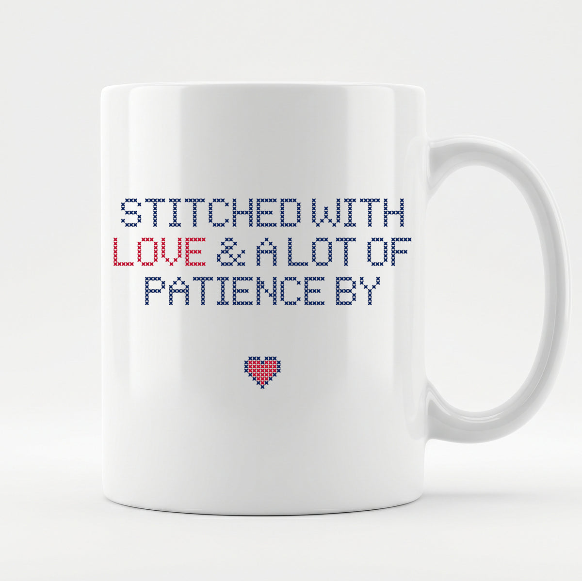 "Stitched with Love & A Lot of Patience by [Name]" Faux Cross Stitch Coffee Cup | Personalized Gift