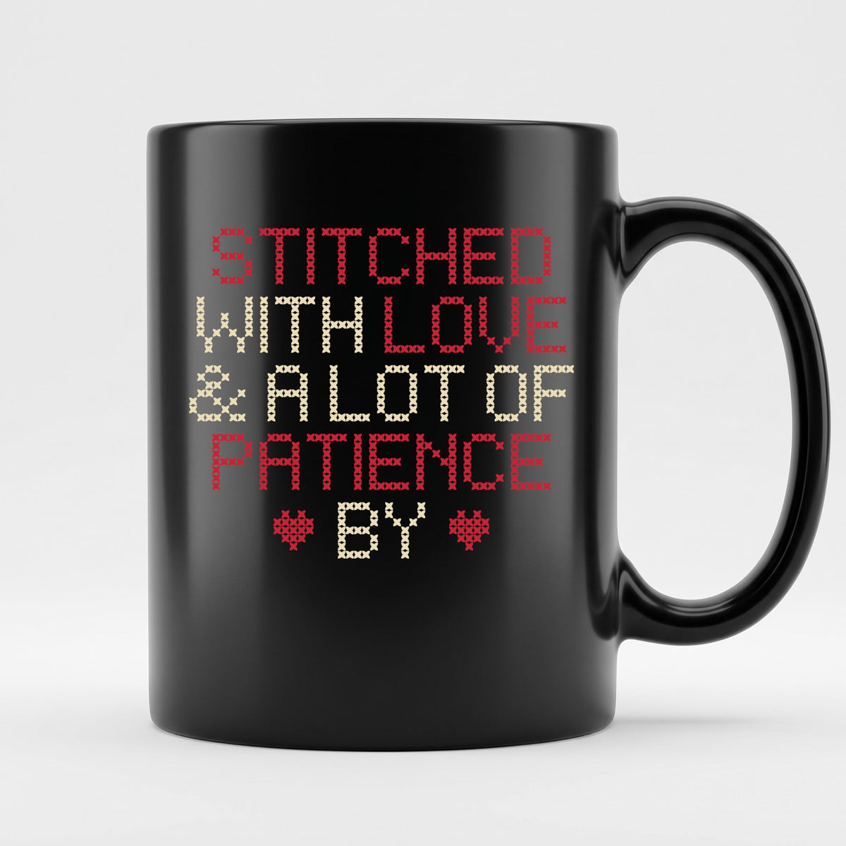 "Stitched with Love & A Lot of Patience by [Name]" Personalized Faux Cross Stitch Mug | Custom Gift